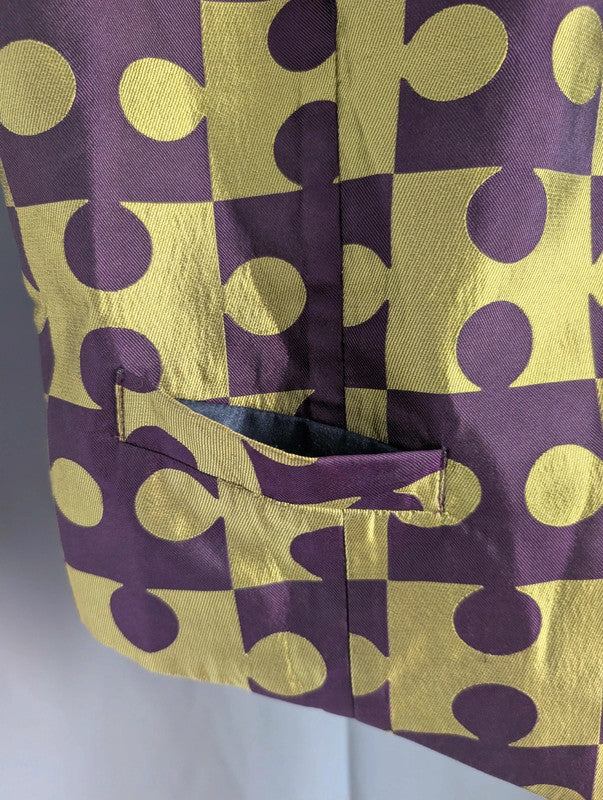 Vintage Silk Blend Jigsaw Puzzle Piece Split Graphic Waistcoat Vest Medium