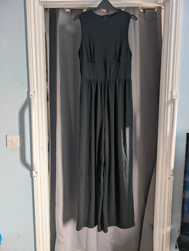 Shein Black Ribbed Wide Leg Jumpsuit Mock Neck Sleeveless Culottes UK 12-14 Large