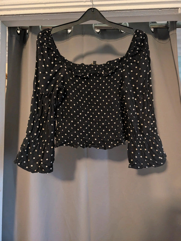 Urban Gypsy Black Polka Dot Shirred Milkmaid Top M