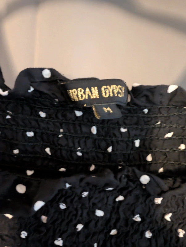 Urban Gypsy Black Polka Dot Shirred Milkmaid Top M