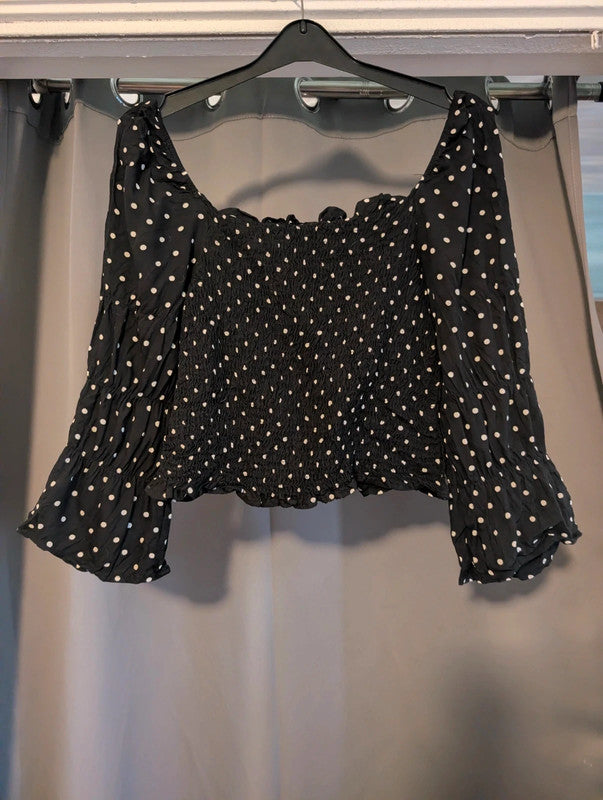 Urban Gypsy Black Polka Dot Shirred Milkmaid Top M