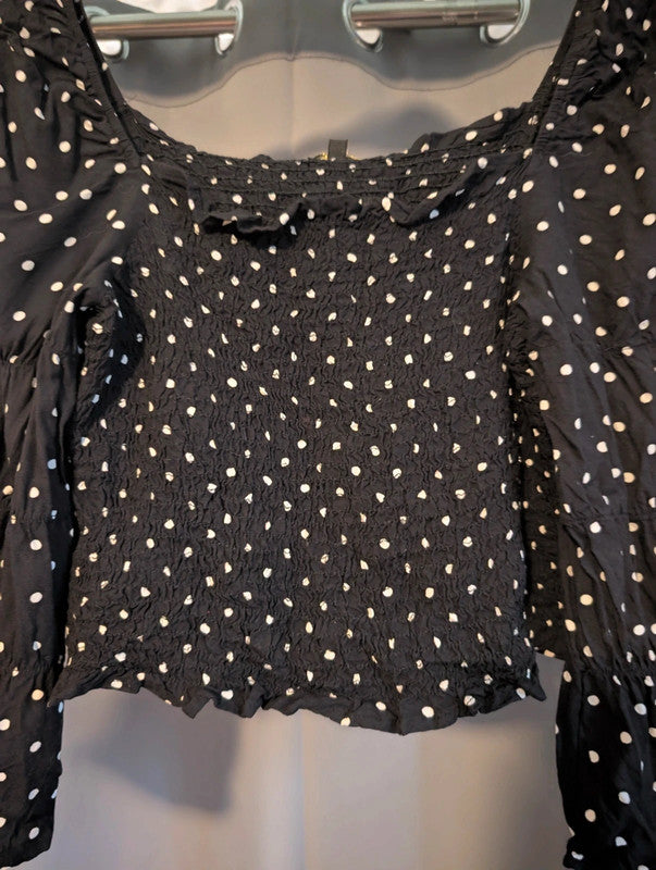 Urban Gypsy Black Polka Dot Shirred Milkmaid Top M
