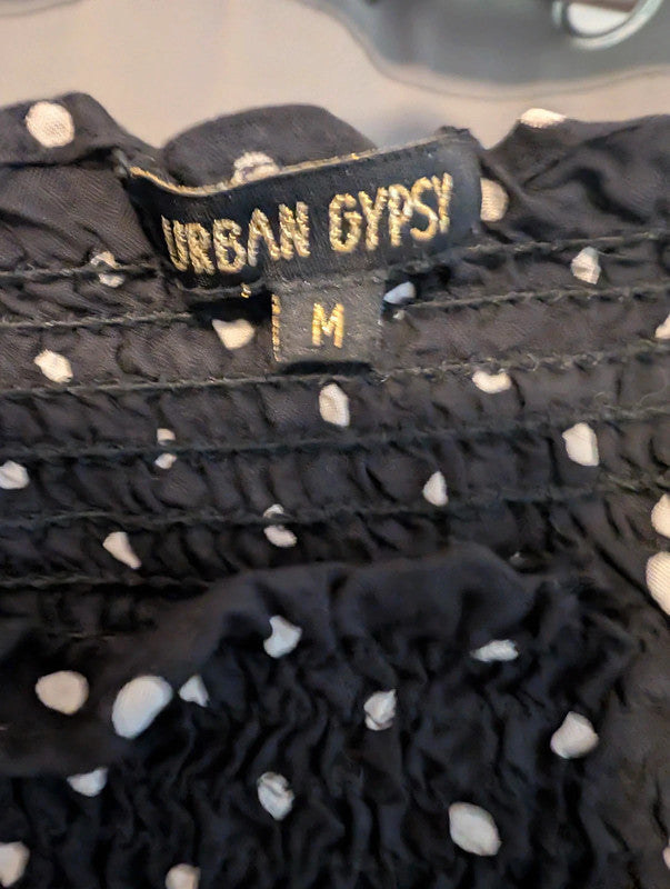 Urban Gypsy Black Polka Dot Shirred Milkmaid Top M