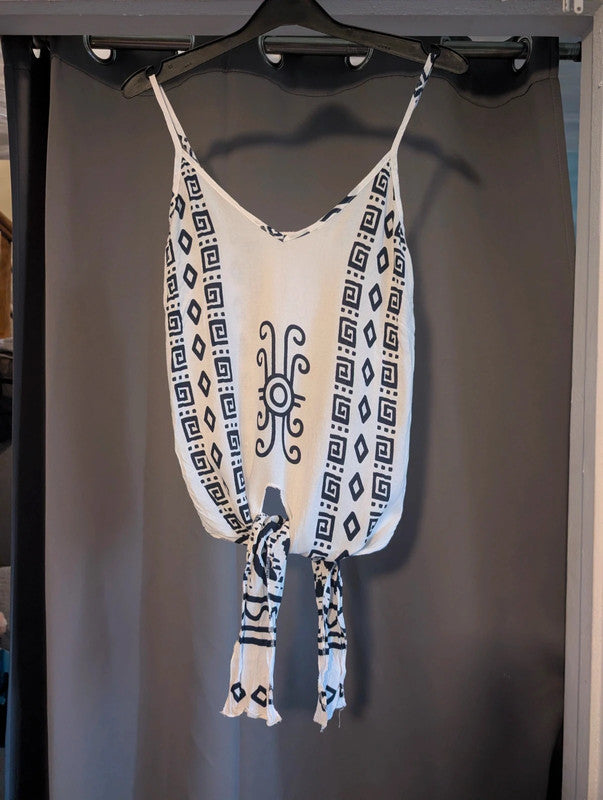 Platinum Fashion White Greek Aztec Tie Front Camisole Top