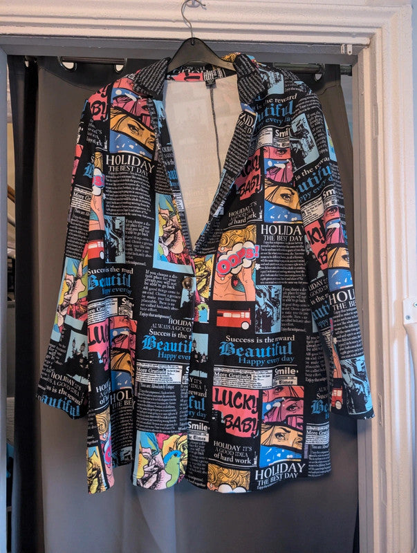 Shein Curve Comic Book Pop Art Newspaper Print Blazer 3XL
