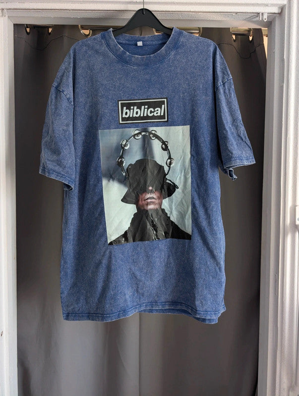 Liam Gallagher Biblical Acid Wash Blue Oversized Graphic T-Shirt Size XL