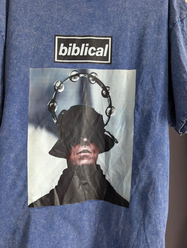 Liam Gallagher Biblical Acid Wash Blue Oversized Graphic T-Shirt Size XL