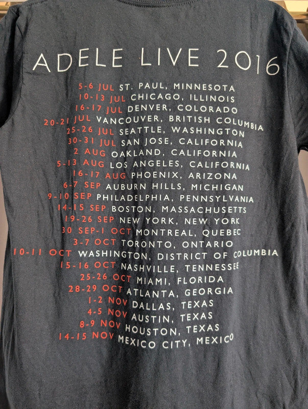 Adele Live 2016 North American Tour Graphic Band T-Shirt Size M Black