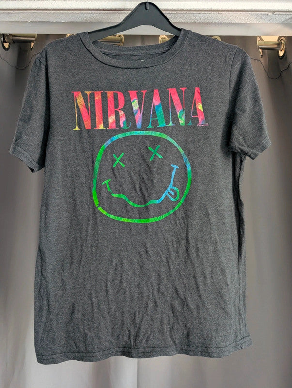 Nirvana Tie Dye Smiley Face Graphic Band T-Shirt Size S Dark Grey