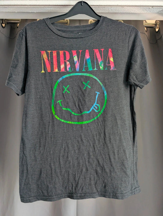 Nirvana Tie Dye Smiley Face Graphic Band T-Shirt Size S Dark Grey