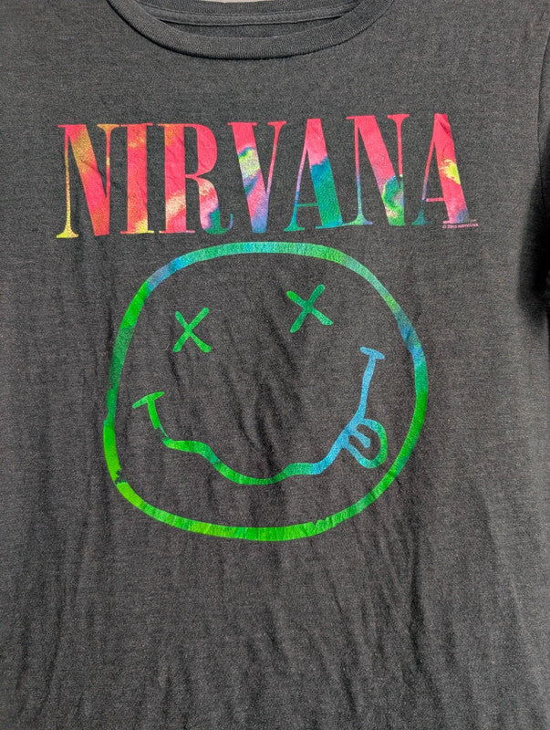 Nirvana Tie Dye Smiley Face Graphic Band T-Shirt Size S Dark Grey