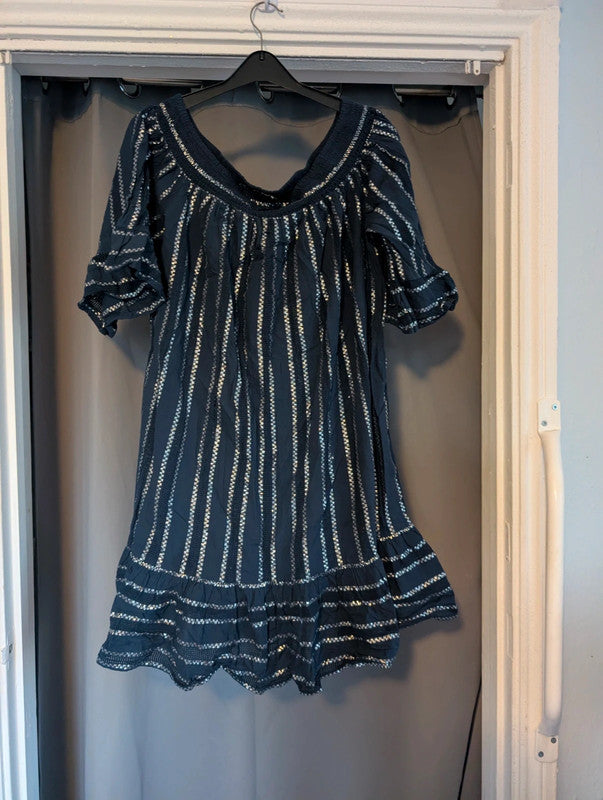 F&F Navy Silver Metallic Stripe Smock Dress UK 20 22 XL Whimsigoth Boho