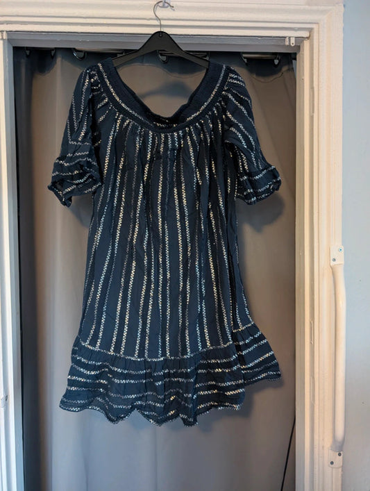 F&F Navy Silver Metallic Stripe Smock Dress UK 20 22 XL Whimsigoth Boho