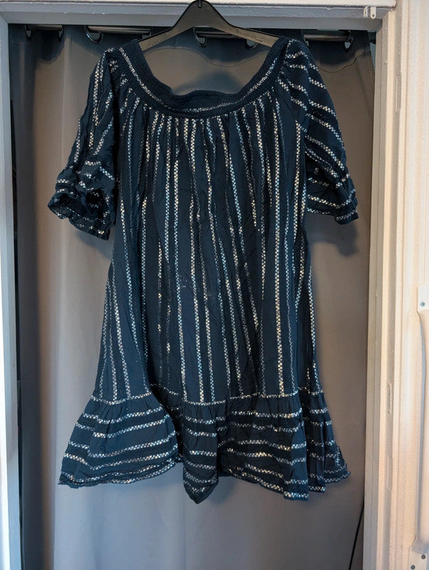 F&F Navy Silver Metallic Stripe Smock Dress UK 20 22 XL Whimsigoth Boho