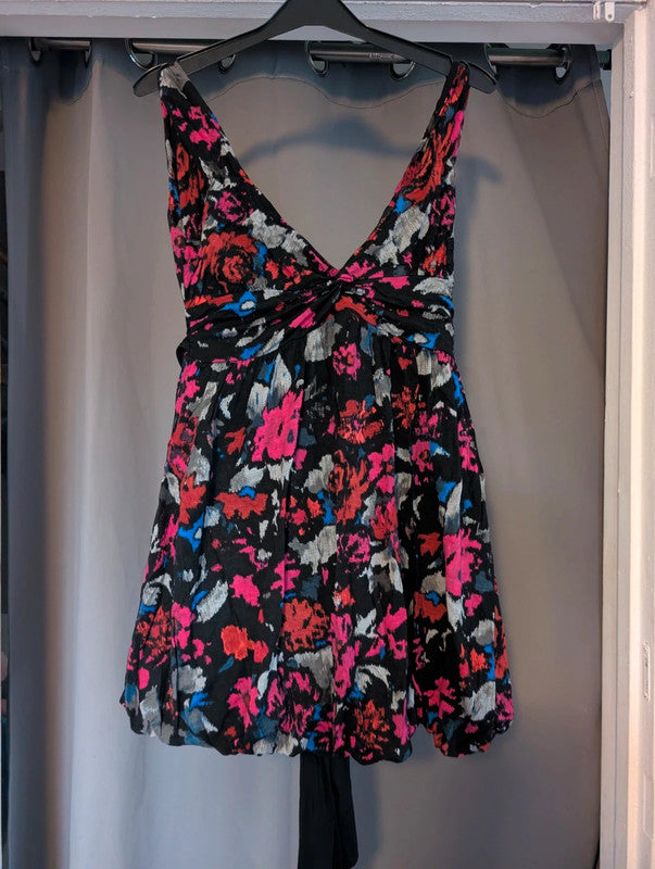 Rise Black Floral Abstract Balloon Hem Dress UK 12 Indie Whimsigoth