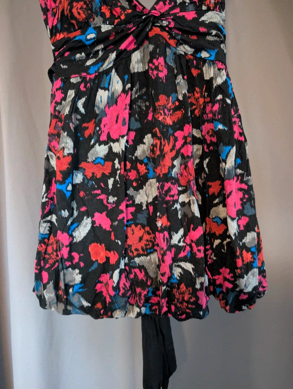 Rise Black Floral Abstract Balloon Hem Dress UK 12 Indie Whimsigoth