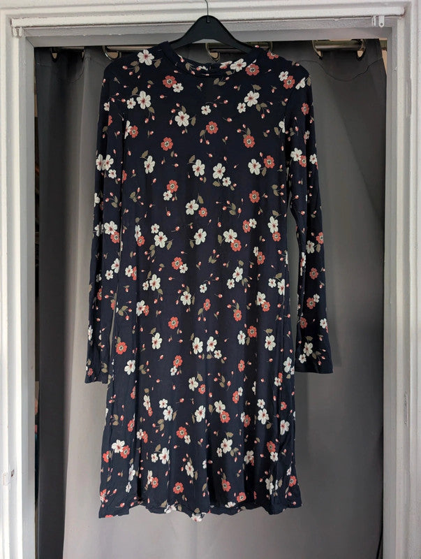 M&S Navy Blue Coral Floral Long Sleeve Jersey Dress UK 8 Whimsigoth