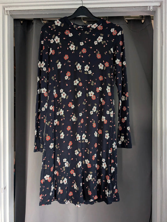 M&S Navy Blue Coral Floral Long Sleeve Jersey Dress UK 8 Whimsigoth