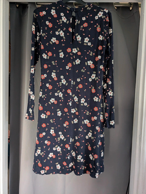 M&S Navy Blue Coral Floral Long Sleeve Jersey Dress UK 8 Whimsigoth