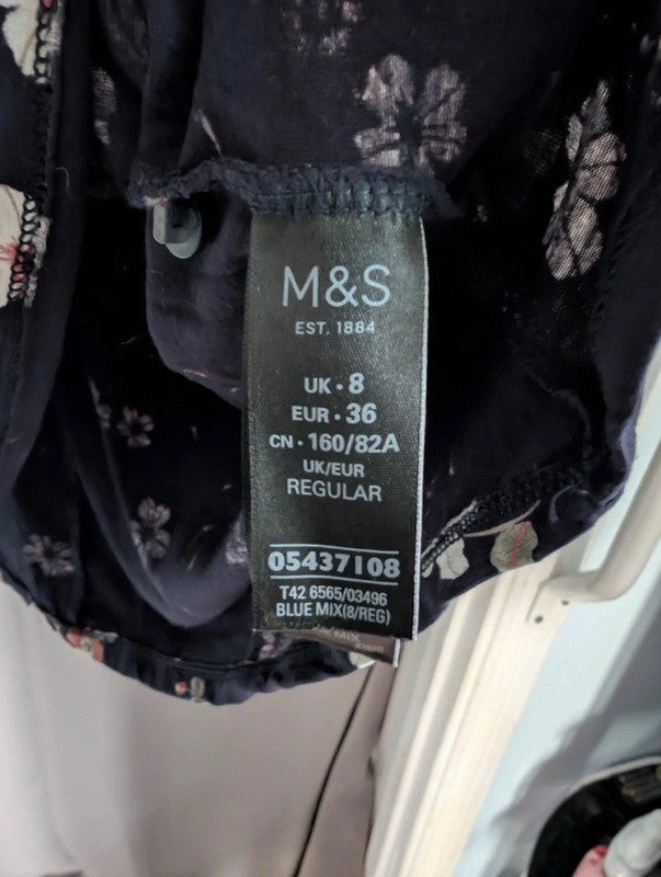 M&S Navy Blue Coral Floral Long Sleeve Jersey Dress UK 8 Whimsigoth