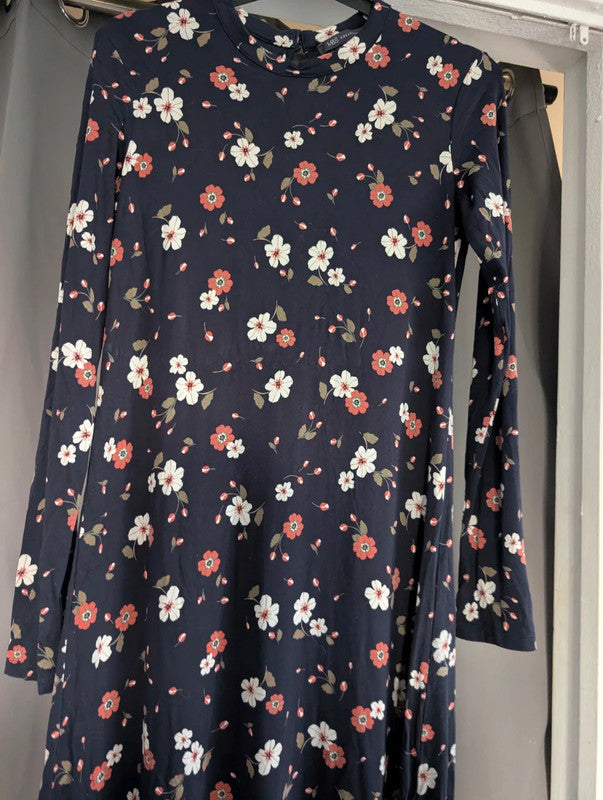 M&S Navy Blue Coral Floral Long Sleeve Jersey Dress UK 8 Whimsigoth