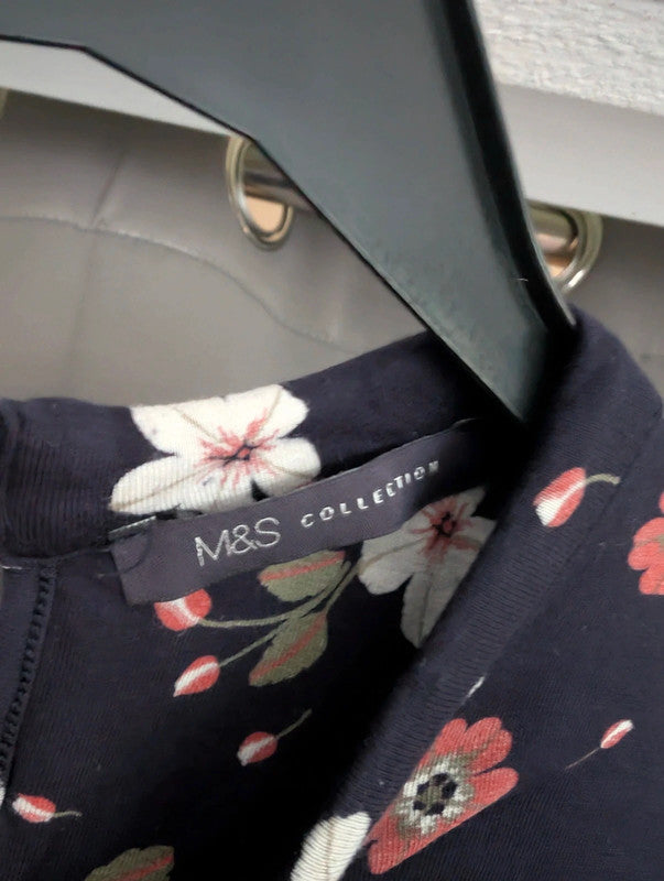 M&S Navy Blue Coral Floral Long Sleeve Jersey Dress UK 8 Whimsigoth