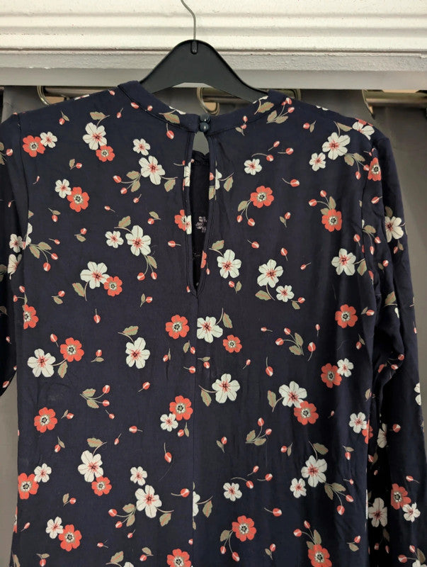 M&S Navy Blue Coral Floral Long Sleeve Jersey Dress UK 8 Whimsigoth