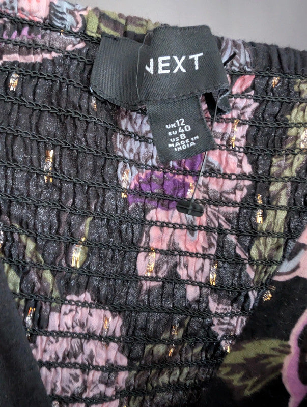 Next Black Floral Lurex Sundress UK 12 Whimsigoth Boho Festival Mini
