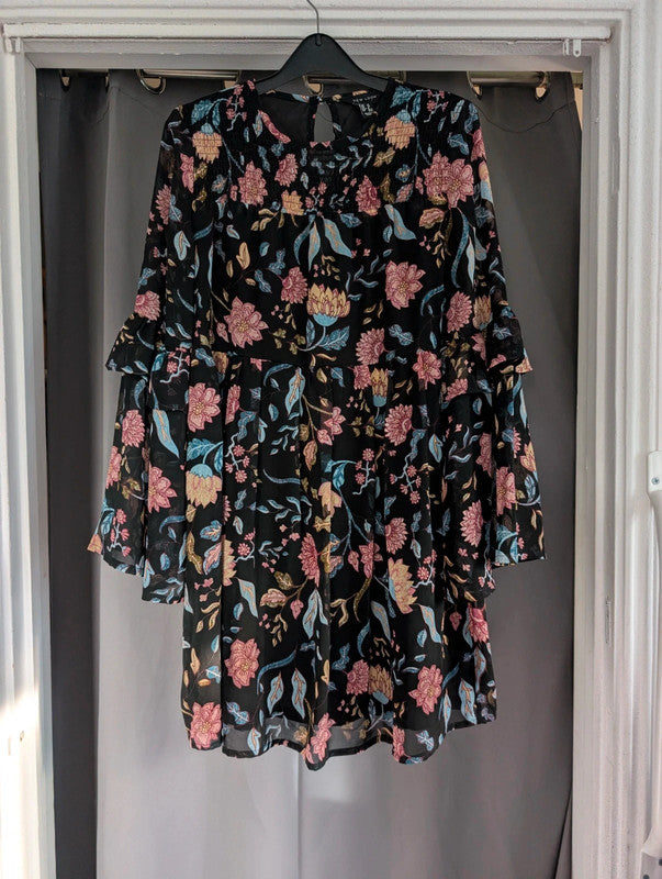 New Look Black Floral Bell Sleeve Smock Dress UK 10 Whimsigoth Gothic