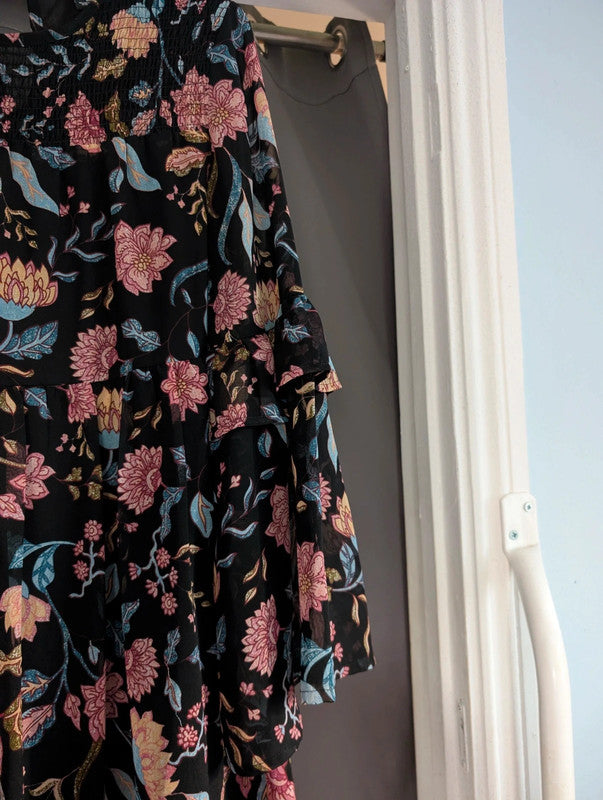 New Look Black Floral Bell Sleeve Smock Dress UK 10 Whimsigoth Gothic
