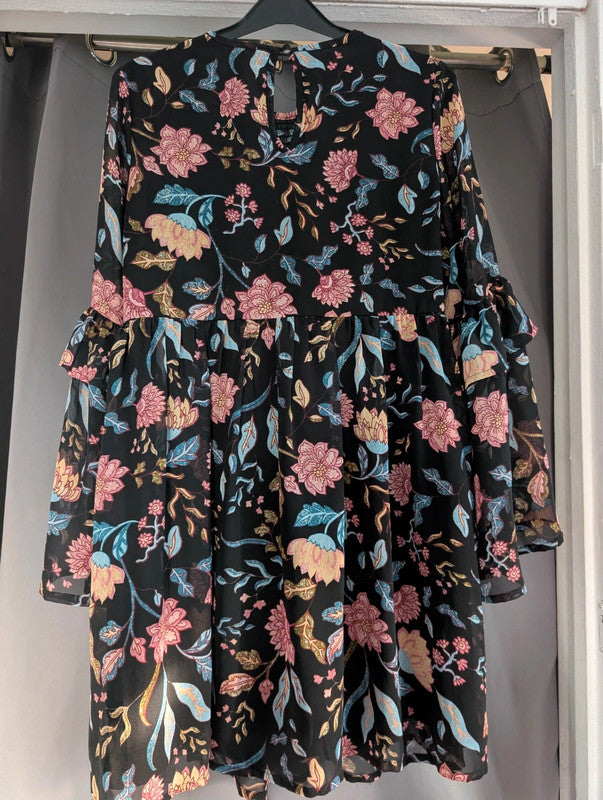 New Look Black Floral Bell Sleeve Smock Dress UK 10 Whimsigoth Gothic