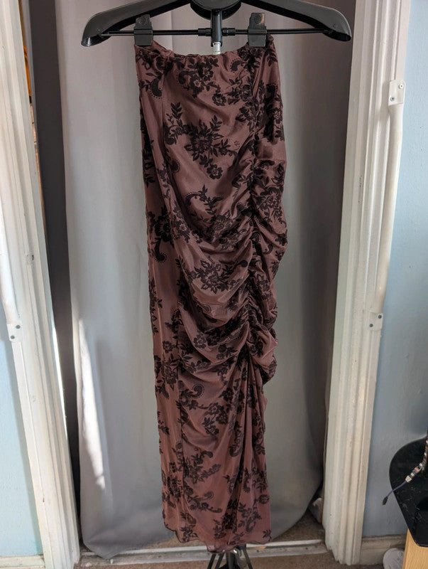 Boohoo Floral Devore Ruched Maxi Skirt Chocolate Brown UK 6 Whimsigoth Goth Emo