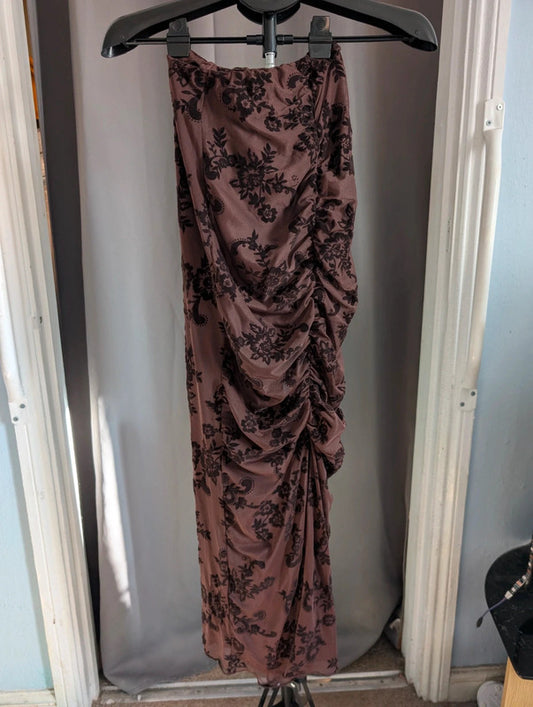 Boohoo Floral Devore Ruched Maxi Skirt Chocolate Brown UK 6 Whimsigoth Goth Emo