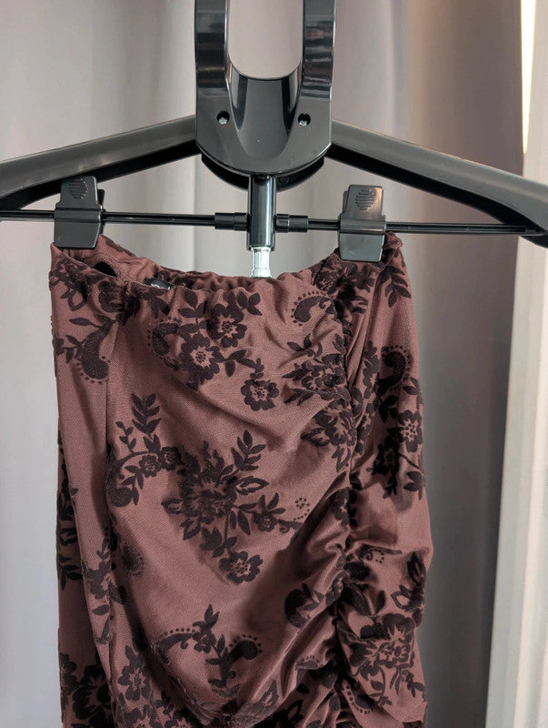 Boohoo Floral Devore Ruched Maxi Skirt Chocolate Brown UK 6 Whimsigoth Goth Emo