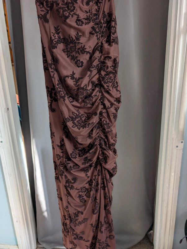 Boohoo Floral Devore Ruched Maxi Skirt Chocolate Brown UK 6 Whimsigoth Goth Emo