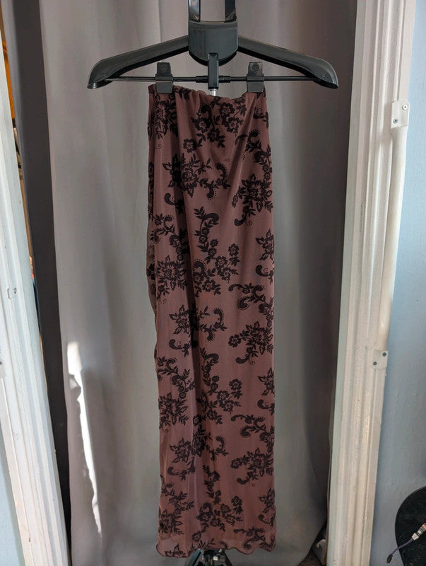 Boohoo Floral Devore Ruched Maxi Skirt Chocolate Brown UK 6 Whimsigoth Goth Emo