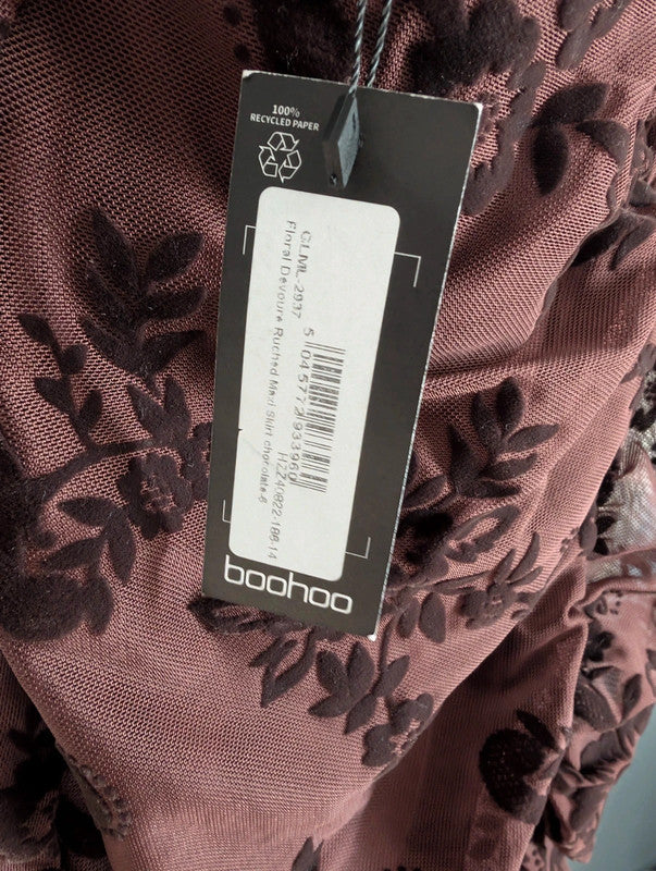 Boohoo Floral Devore Ruched Maxi Skirt Chocolate Brown UK 6 Whimsigoth Goth Emo