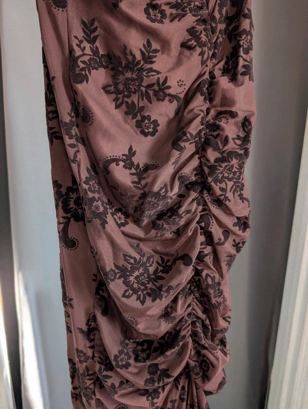 Boohoo Floral Devore Ruched Maxi Skirt Chocolate Brown UK 6 Whimsigoth Goth Emo