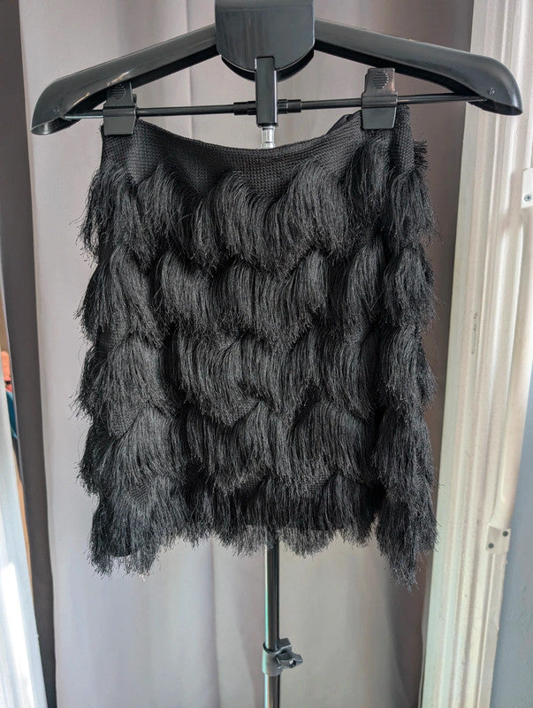 Stradivarius Black Tiered Fringe Tassel Mini Skirt Size S Goth Flapper Party