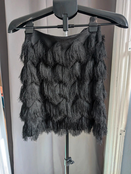 Stradivarius Black Tiered Fringe Tassel Mini Skirt Size S Goth Flapper Party