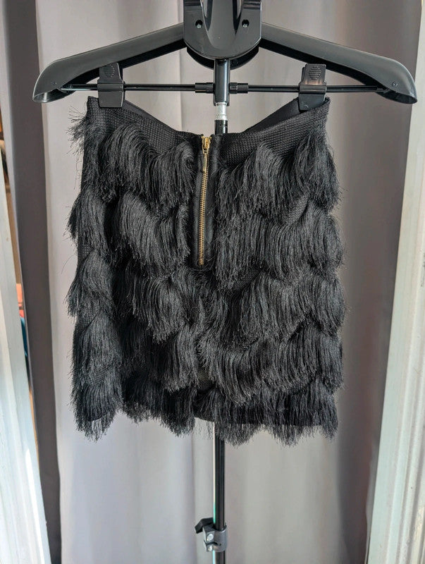 Stradivarius Black Tiered Fringe Tassel Mini Skirt Size S Goth Flapper Party
