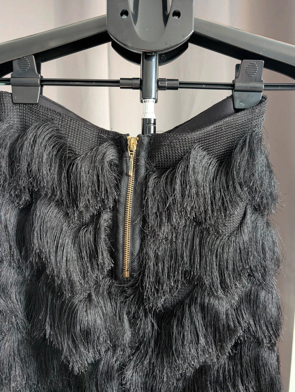 Stradivarius Black Tiered Fringe Tassel Mini Skirt Size S Goth Flapper Party
