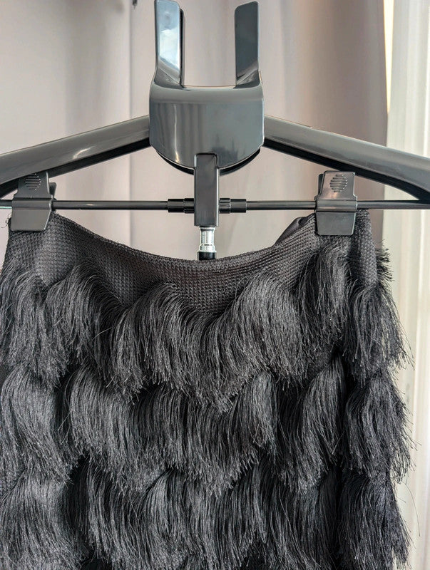 Stradivarius Black Tiered Fringe Tassel Mini Skirt Size S Goth Flapper Party