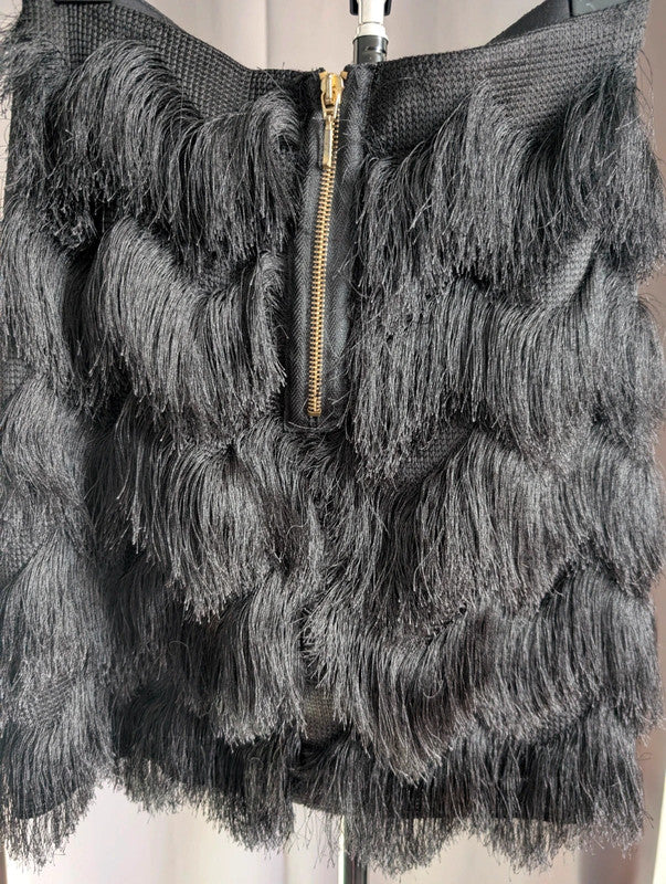 Stradivarius Black Tiered Fringe Tassel Mini Skirt Size S Goth Flapper Party