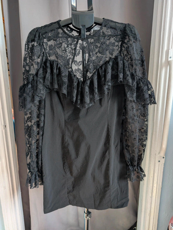 Topshop Black Lace Ruffle Sheer Long Sleeve Mini Dress UK 14 Goth Whimsigoth