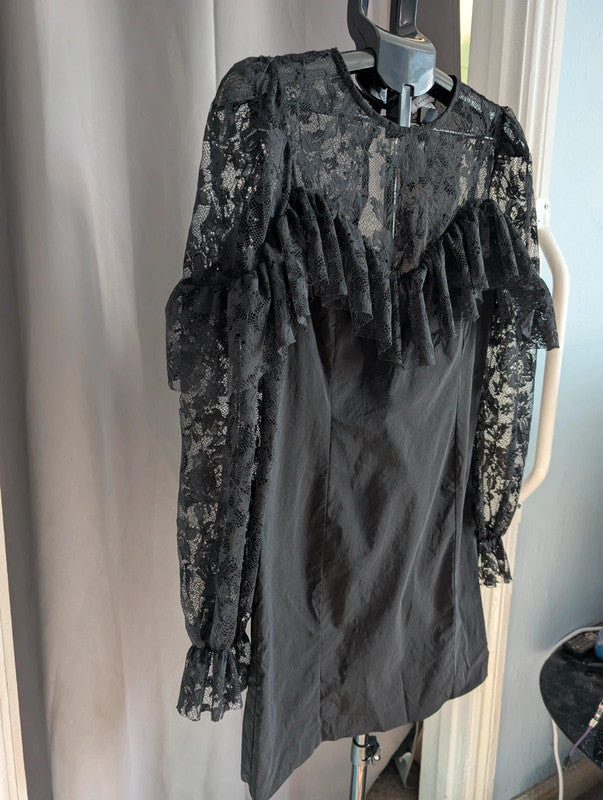 Topshop Black Lace Ruffle Sheer Long Sleeve Mini Dress UK 14 Goth Whimsigoth