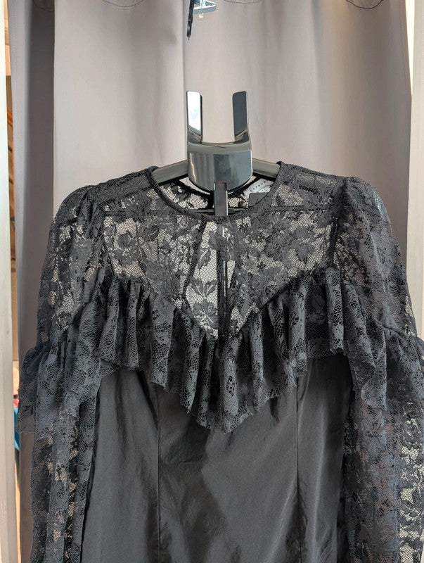 Topshop Black Lace Ruffle Sheer Long Sleeve Mini Dress UK 14 Goth Whimsigoth