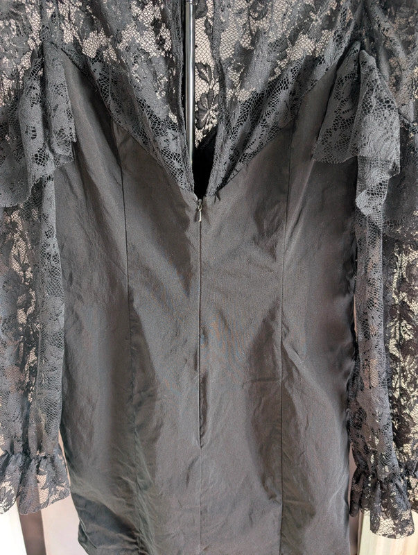 Topshop Black Lace Ruffle Sheer Long Sleeve Mini Dress UK 14 Goth Whimsigoth