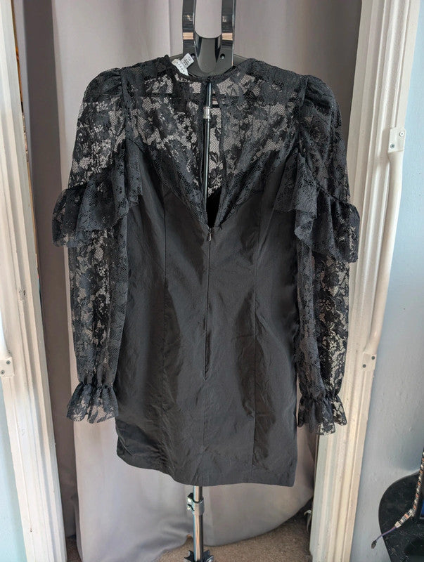 Topshop Black Lace Ruffle Sheer Long Sleeve Mini Dress UK 14 Goth Whimsigoth