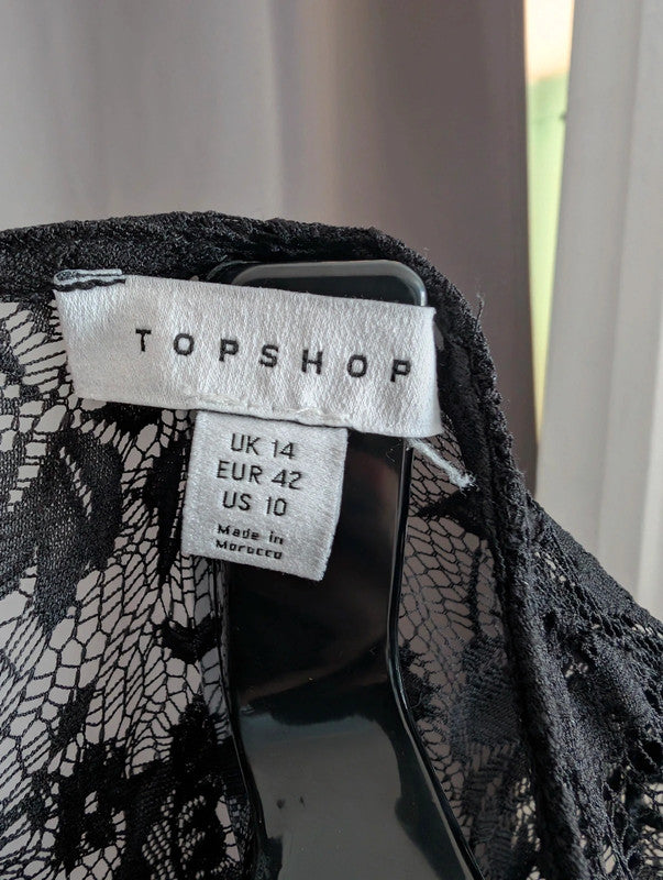 Topshop Black Lace Ruffle Sheer Long Sleeve Mini Dress UK 14 Goth Whimsigoth